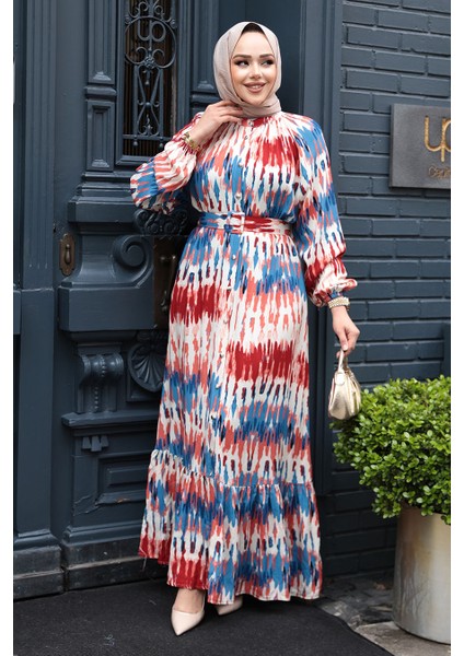 Desenli Bordo Tesettür Elbise 23931BR fiyatları