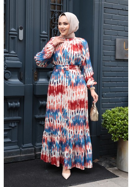 Desenli Bordo Tesettür Elbise 23931BR modelleri