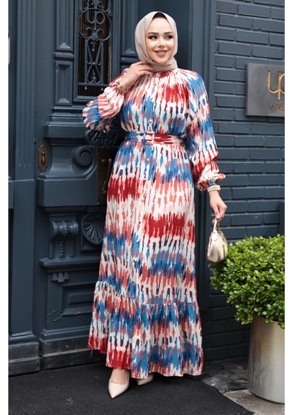 Desenli Bordo Tesettür Elbise 23931BR fırsatları