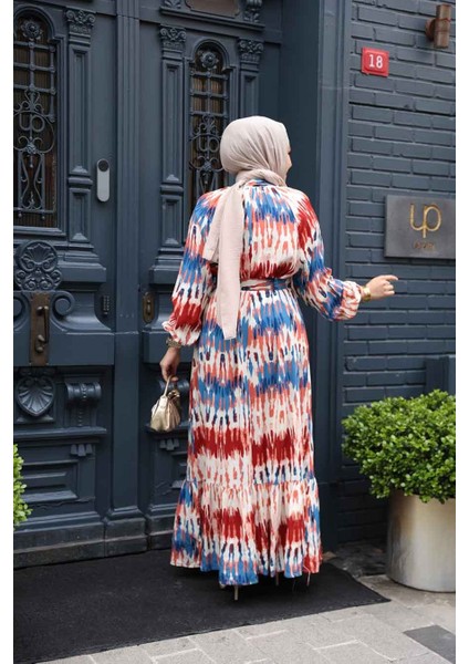 Desenli Bordo Tesettür Elbise 23931BR indirimleri