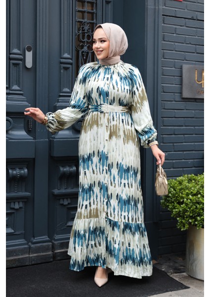 Desenli Yağ Yeşili Tesettür Elbise 23931YY