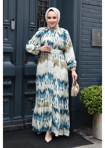 Desenli Yağ Yeşili Tesettür Elbise 23931YY fiyatları
