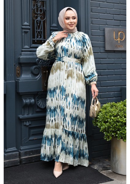 Desenli Yağ Yeşili Tesettür Elbise 23931YY modelleri