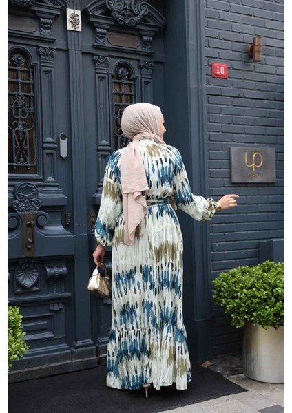 Desenli Yağ Yeşili Tesettür Elbise 23931YY fırsatları