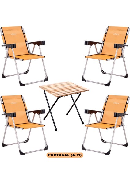 4 Adet Katlanır Kamp Sandalyesi ve Masa Seti - Rock - Portakal - Bardaklıklı - 140 kg