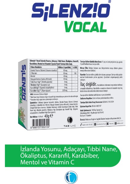 Vocal 16 Pastil İzlanda Yosunu Adaçayı Tıbbi Nane Ökaliptus Karanfil Karabiber Mentol Vitamin C
