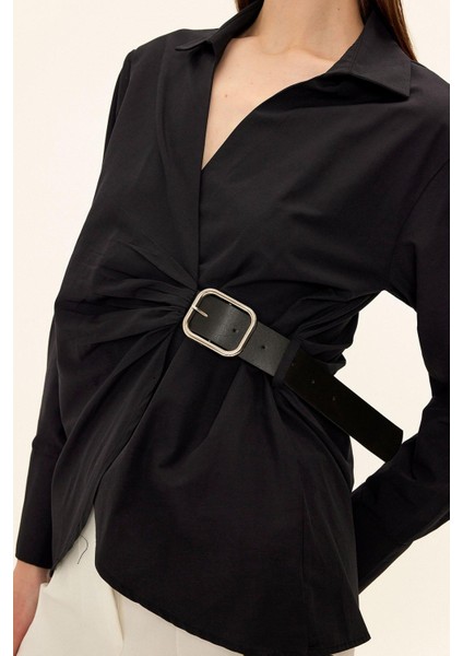 Yandan Kemer Bağlamalı Gömlek Siyah 9336 indirimleri