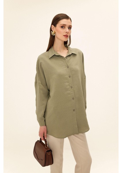 Çizgili Kumaş Salaş Modal Gömlek Haki 9326 fiyatları
