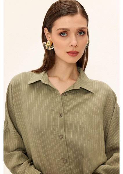 Çizgili Kumaş Salaş Modal Gömlek Haki 9326 modelleri