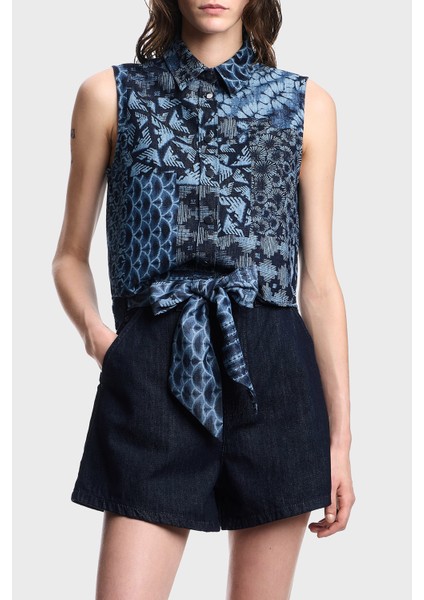 Desenli % 100 Pamuk Regular Fit Kot Gömlek Bayan Gömlek EW000755 AF12438 FB057