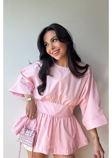 Pembe Belden Oturtmalı Rahat Kesim Bluz