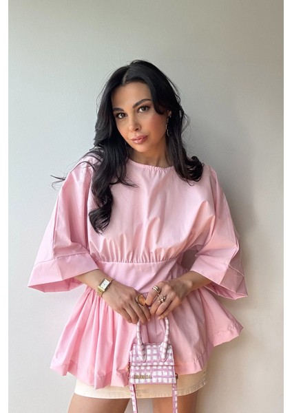 Pembe Belden Oturtmalı Rahat Kesim Bluz modelleri