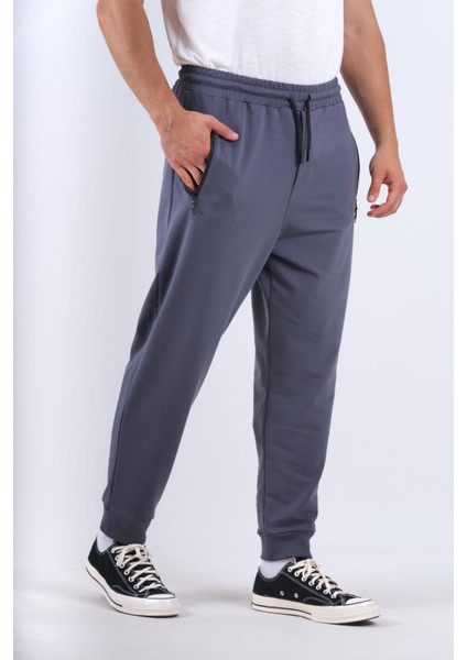 Erkek Dar Paça Regular Kalıp Pamuklu Ribanalı Füme Eşofman Altı