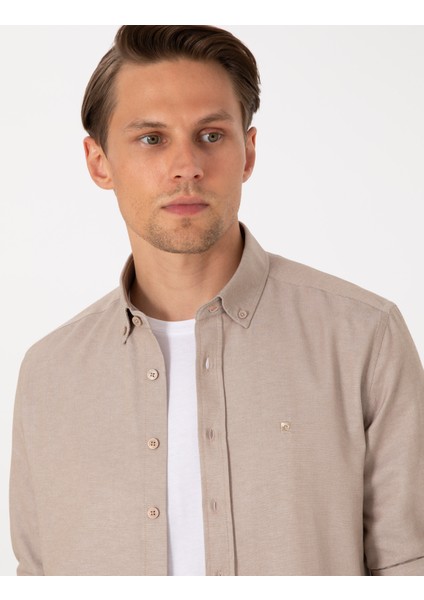 Erkek Vizon Oxford Slim Fit Kolay Ütülenebilir Gömlek 50306996-VR052