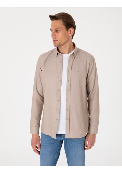 Erkek Vizon Oxford Slim Fit Kolay Ütülenebilir Gömlek 50306996-VR052