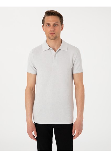Erkek Gri Slim Fit Örme Dokulu Polo Yaka Tişört 50310171-VR024