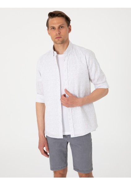 Erkek Beyaz Desen Baskılı Slim Fit Uzun Kollu Gömlek 50303451-VR053