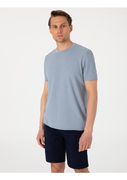 Erkek Mavi Slim Fit Keten Karışımlı Bisiklet Yaka Triko Tişört 50305973-VR036
