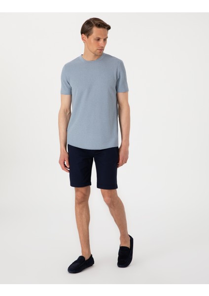 Erkek Mavi Slim Fit Keten Karışımlı Bisiklet Yaka Triko Tişört 50305973-VR036