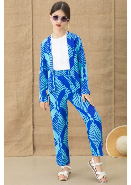 Mavi Yaprak Desenli Kimonolu Geniş Paça Panotolonlu Kız Çocuk 3lü Takım 20763