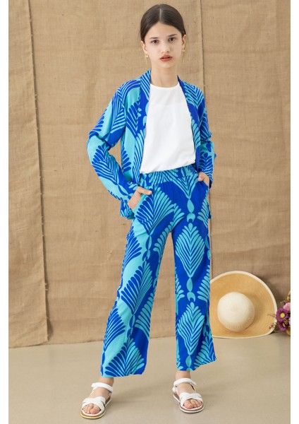 Mavi Yaprak Desenli Kimonolu Geniş Paça Panotolonlu Kız Çocuk 3lü Takım 20763 modelleri