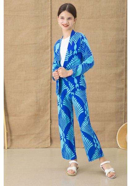 Mavi Yaprak Desenli Kimonolu Geniş Paça Panotolonlu Kız Çocuk 3lü Takım 20763 fırsatları