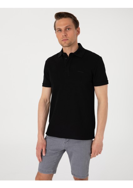 Erkek Siyah Slim Fit %100 Pamuk Kıvrılmaz Amerikan Pike Polo Yaka Basic Tişört 50306154-VR046