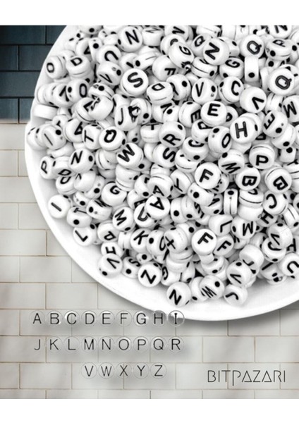 Harf Boncuk, 4x7 mm Yassı Beyaz Üzeri Siyah Harf Boncuk ( 200 Adet) modelleri