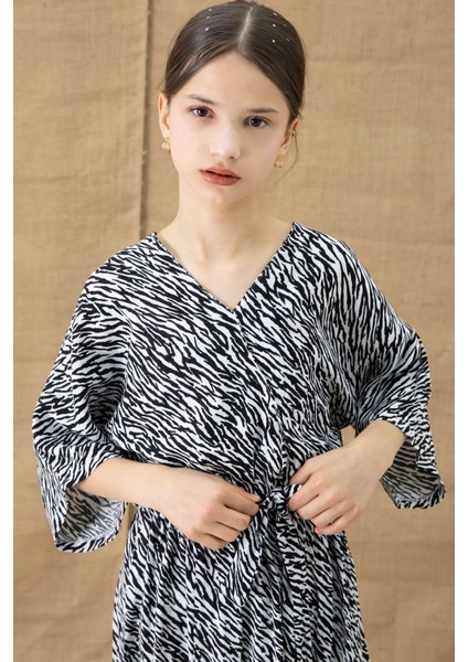 Siyah Zebra Desenli Kuşaklı Kız Çocuk Kısa Kol Elbise 20769