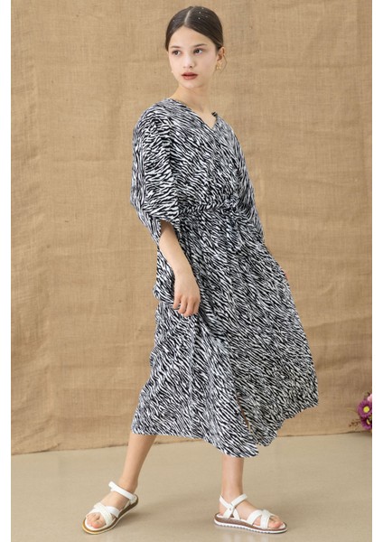 Siyah Zebra Desenli Kuşaklı Kız Çocuk Kısa Kol Elbise 20769