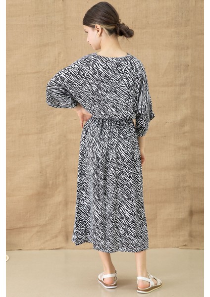 Siyah Zebra Desenli Kuşaklı Kız Çocuk Kısa Kol Elbise 20769 fırsatları