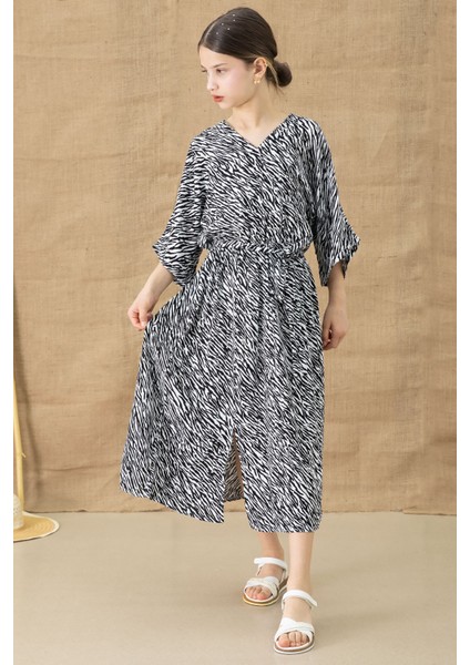 Siyah Zebra Desenli Kuşaklı Kız Çocuk Kısa Kol Elbise 20769 indirimleri