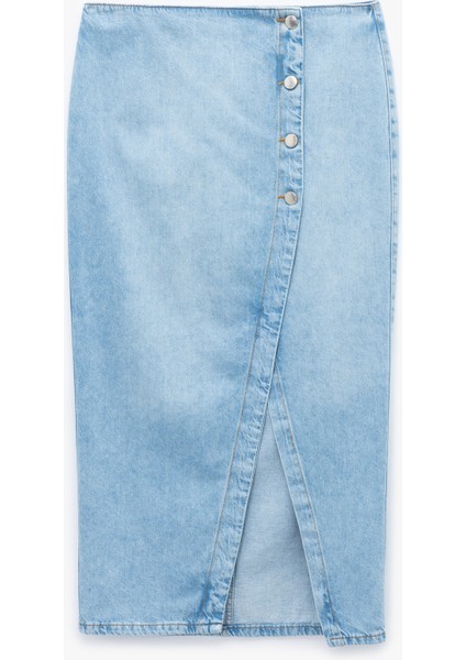 Düğme Detaylı Yırtmaçlı Midi Denim Etek