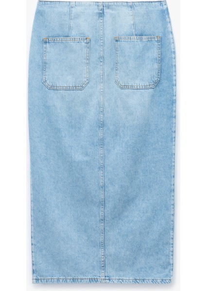 Düğme Detaylı Yırtmaçlı Midi Denim Etek fiyatları