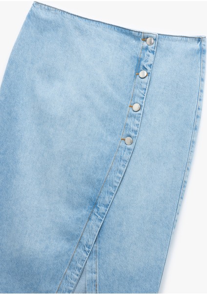 Düğme Detaylı Yırtmaçlı Midi Denim Etek modelleri