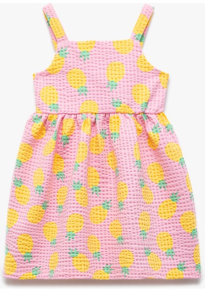 Kare Yaka Düğmeli Ananas Desenli Askılı Elbise