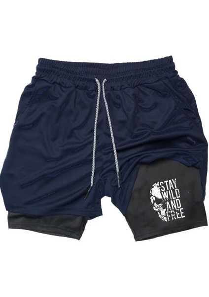 Baskılı Makiteks Sporcu Şortu, Alt Siyah Tayt Görünümlü Çok Cepli Taytlı Spor Şortu