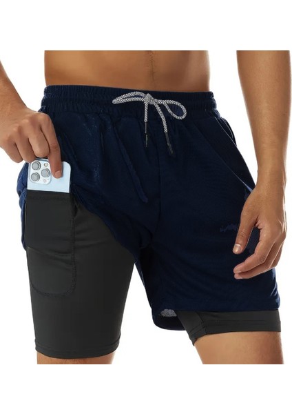 Baskılı Makiteks Sporcu Şortu, Alt Siyah Tayt Görünümlü Çok Cepli Taytlı Spor Şortu fiyatları