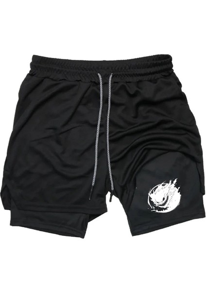 Baskılı Makiteks Sporcu Şortu, Alt Siyah Tayt Görünümlü Çok Cepli Taytlı Spor Şortu