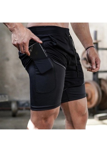Baskılı Makiteks Sporcu Şortu, Alt Siyah Tayt Görünümlü Çok Cepli Taytlı Spor Şortu fiyatları
