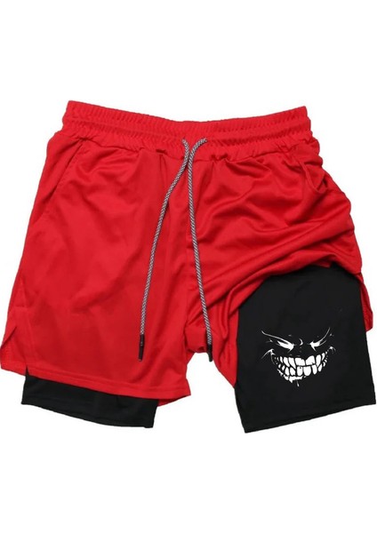 Baskılı Makiteks Sporcu Şortu, Alt Siyah Tayt Görünümlü Çok Cepli Taytlı Spor Şortu