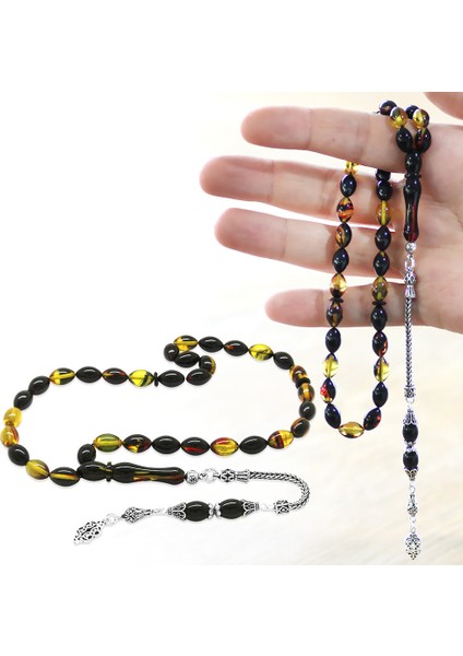 925 Ayar Gümüş Püsküllü Arpa Kesim Bala-Siyah Ateş Kehribar Tesbih