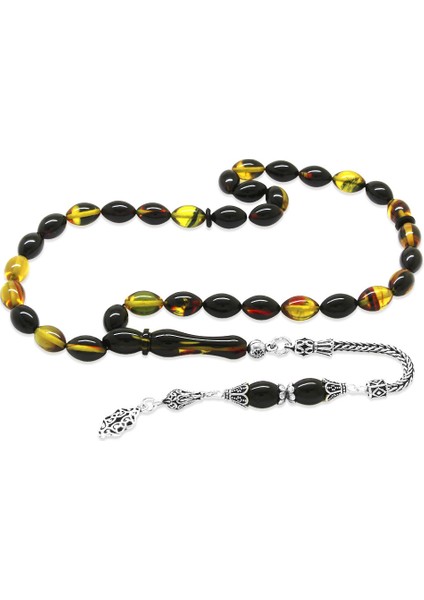 925 Ayar Gümüş Püsküllü Arpa Kesim Bala-Siyah Ateş Kehribar Tesbih fiyatları