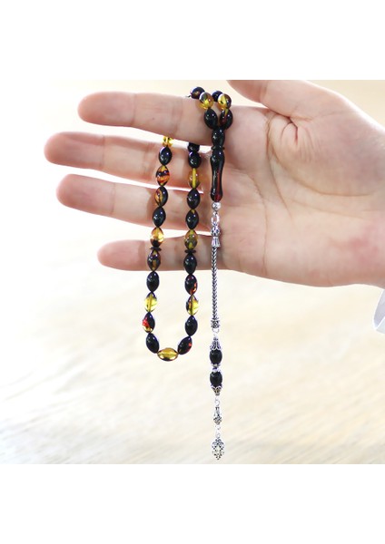 925 Ayar Gümüş Püsküllü Arpa Kesim Bala-Siyah Ateş Kehribar Tesbih modelleri