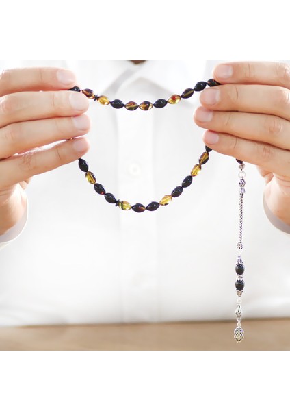 925 Ayar Gümüş Püsküllü Arpa Kesim Bala-Siyah Ateş Kehribar Tesbih fırsatları