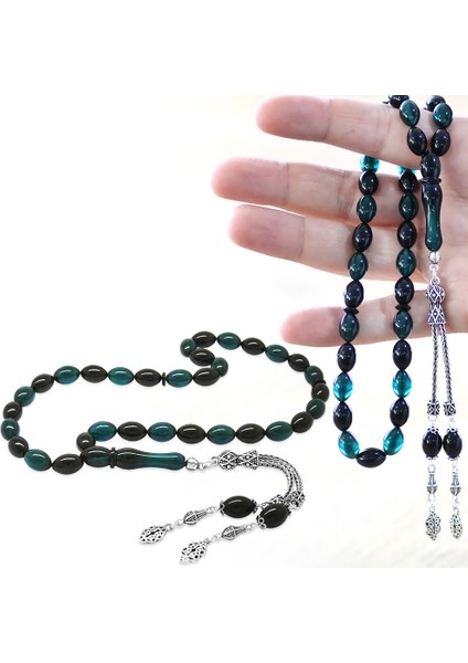 925 Ayar Gümüş Çift Püsküllü Arpa Kesim Turkuaz-Siyah Ateş Kehribar Tesbih