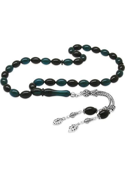 925 Ayar Gümüş Çift Püsküllü Arpa Kesim Turkuaz-Siyah Ateş Kehribar Tesbih fiyatları