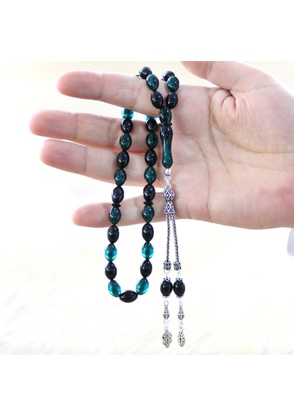 925 Ayar Gümüş Çift Püsküllü Arpa Kesim Turkuaz-Siyah Ateş Kehribar Tesbih modelleri