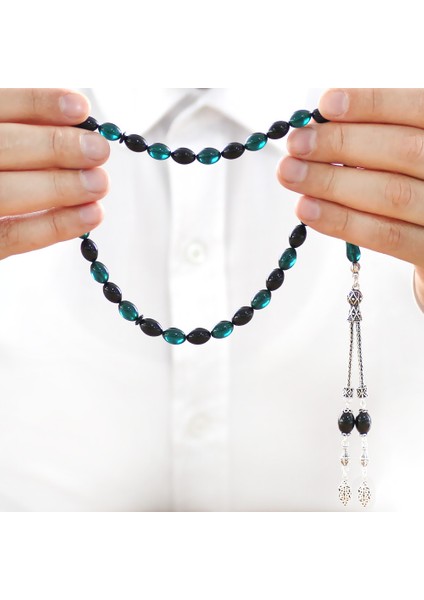 925 Ayar Gümüş Çift Püsküllü Arpa Kesim Turkuaz-Siyah Ateş Kehribar Tesbih fırsatları