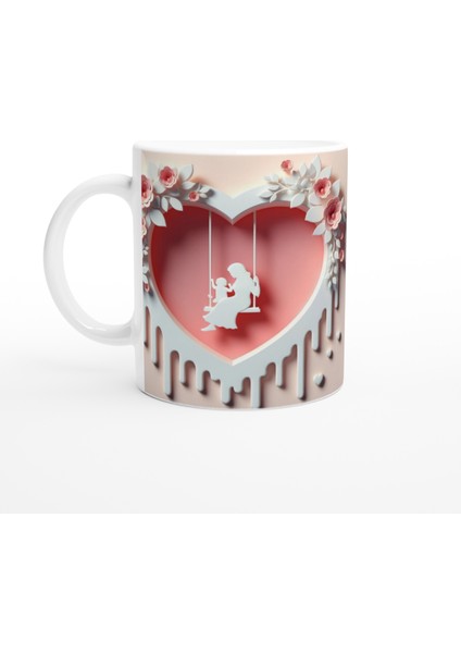 Pembe Kalpli Çerçevede Salıncaklı Anne Çocuk Kupa Bardak